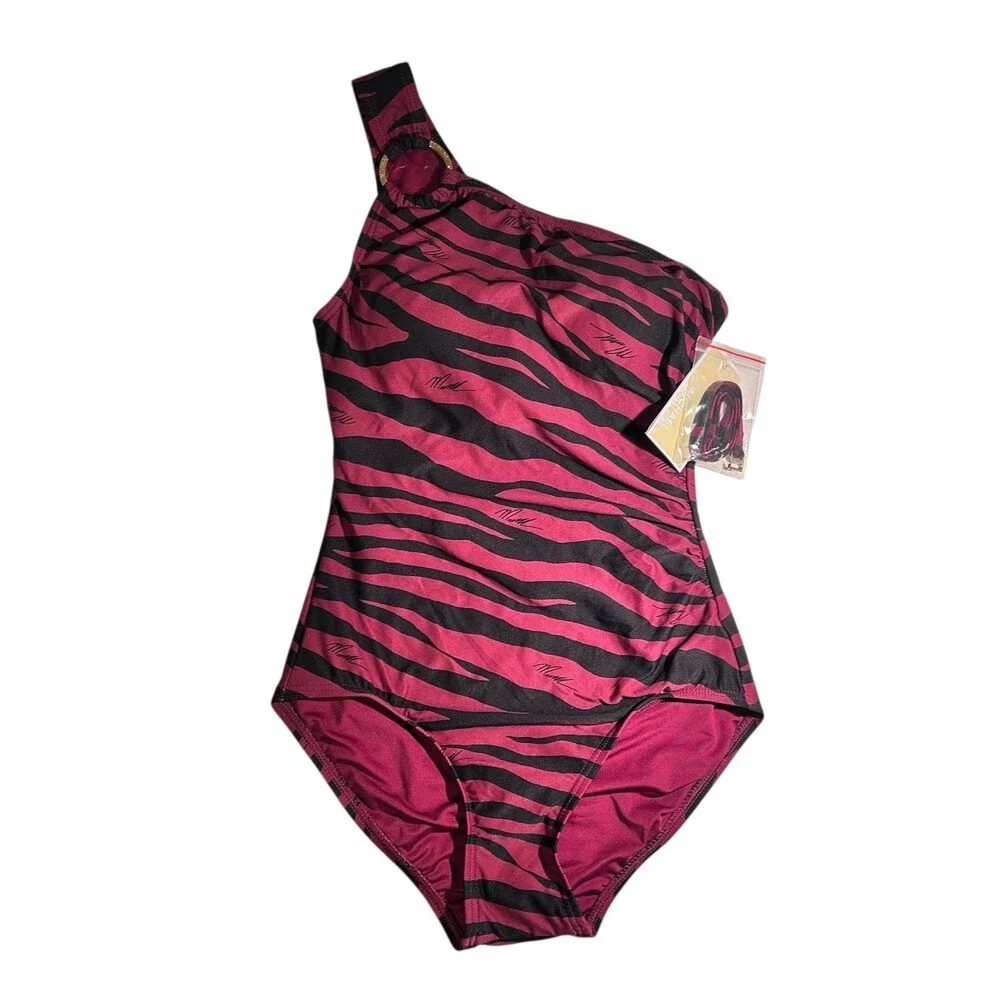 Michael Kors Animal Print One Piece Swimsuit One Shoulder Ruby Black Sz 4 NWT